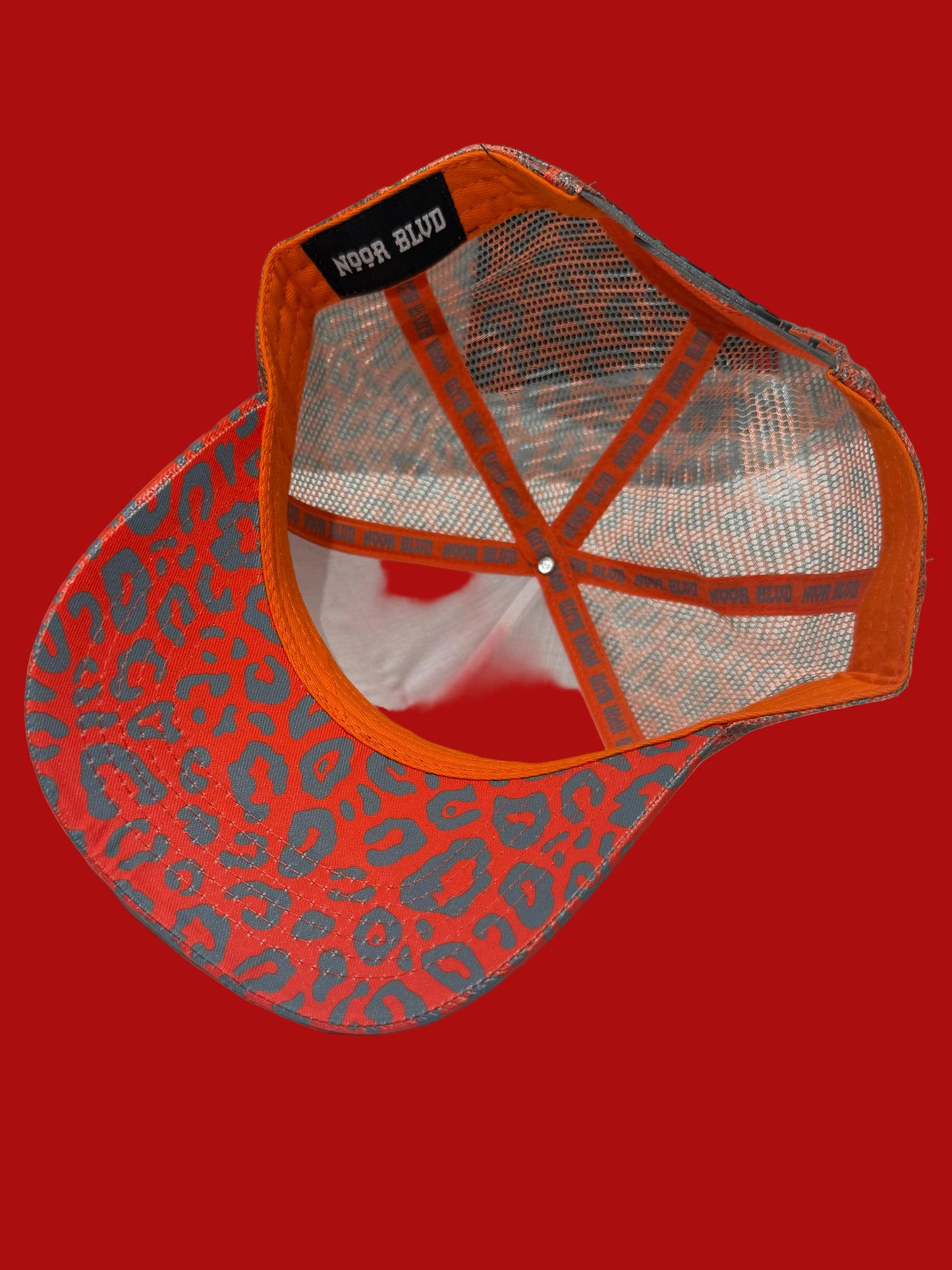 Orange Trucker Hat w/Gray Leopard prints
