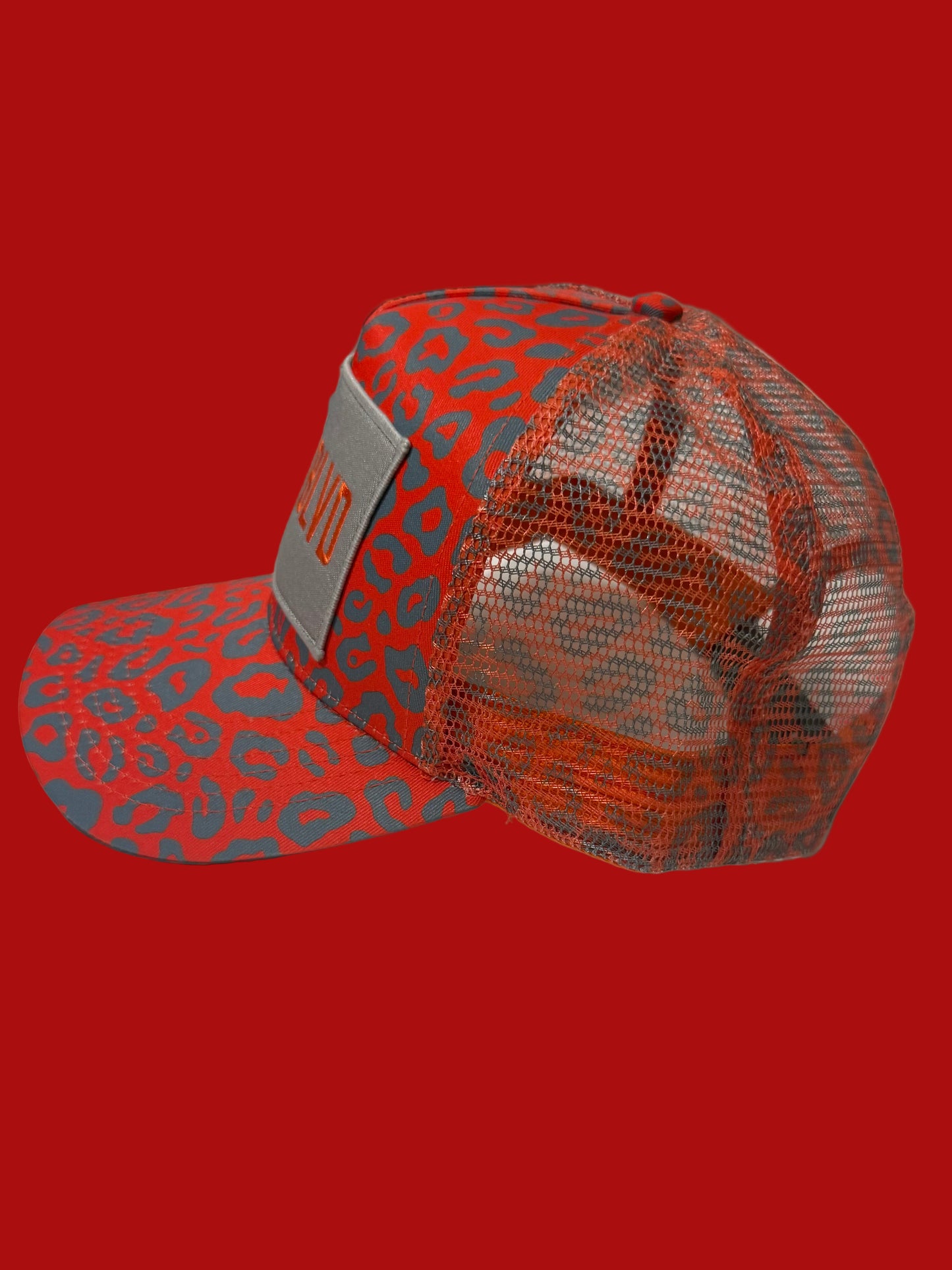 Orange Trucker Hat w/Gray Leopard prints