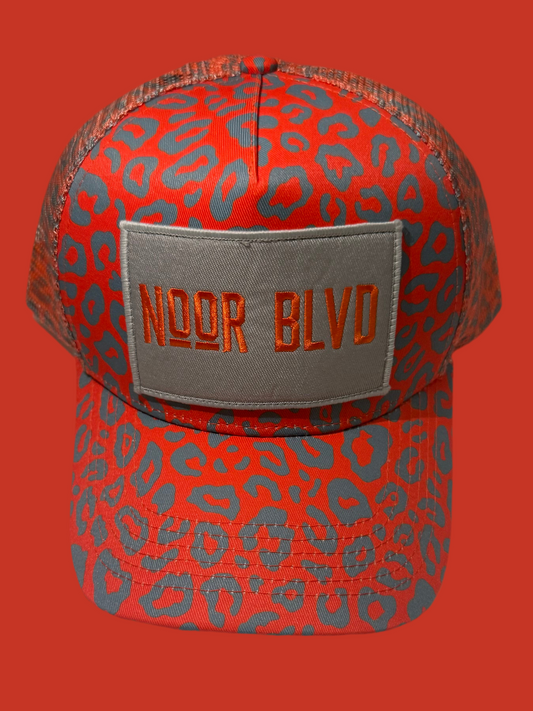 Orange Trucker Hat w/Gray Leopard prints